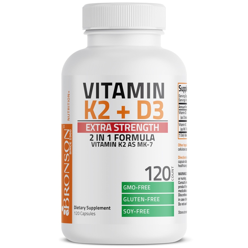 Bronson Vitamin K2(MK7) 配有 D3 外力补充骨和心脏健康 非GMO公式 10,000 IU Vitamin D3 & 120 mcg 维生素 K2 MK-7 容易吞咽维生素 D & K, 120 Capsules