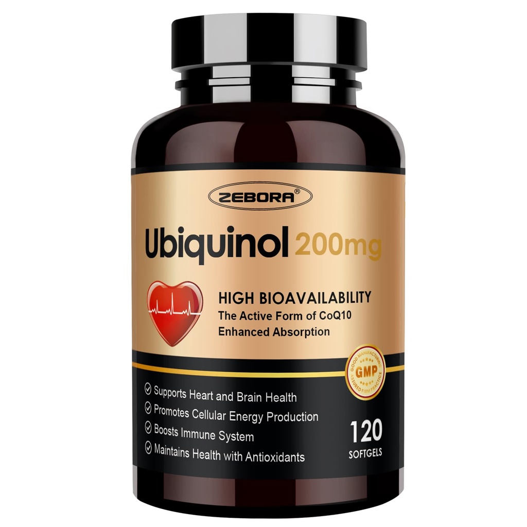 ZEBORA Ubiquinol CoQ10 200mg软胶,4-in-1强抗氧化剂促进心脏和血管健康,能源生产必备,Max吸收活性CoQ10,120软胶