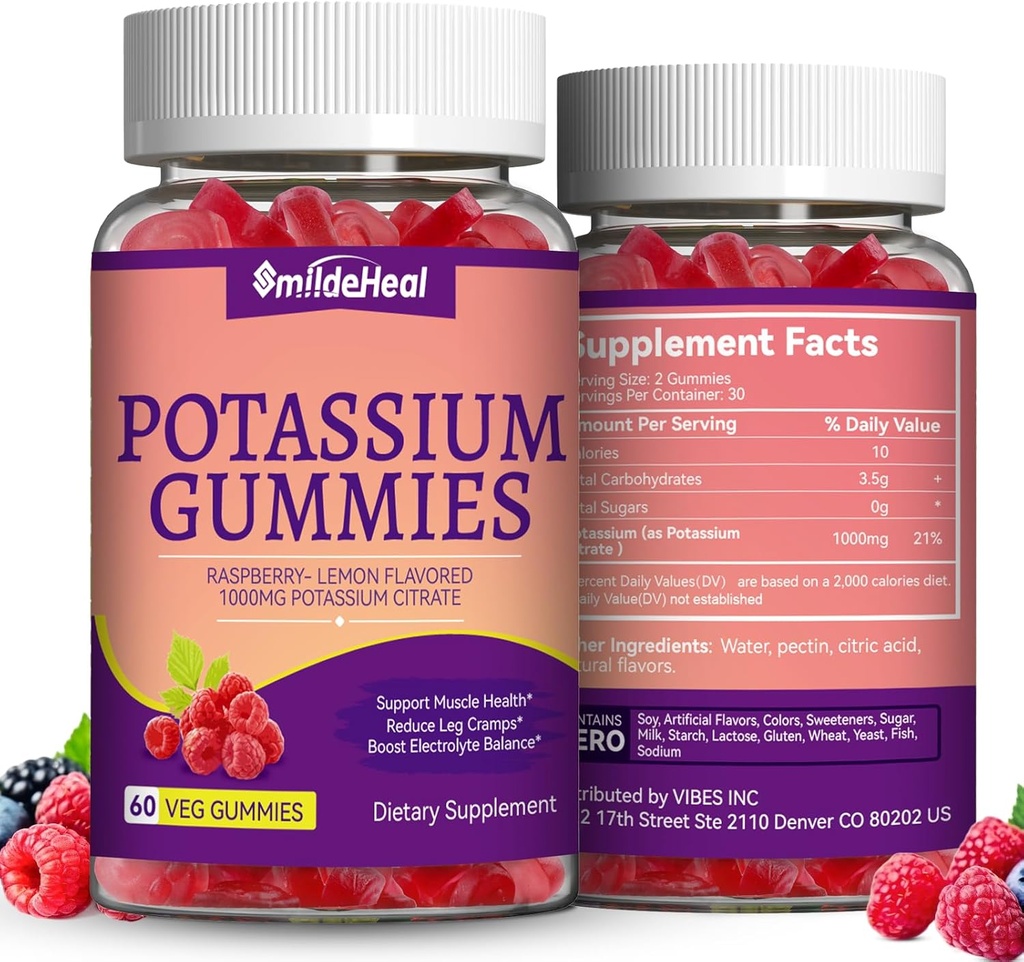 2 Pack Potassium 补充 Gummys 1000mg, 成人用 Potassium Gummys, 支持腿板和肌肉健康 - Vegan, Non-GMO, 120 计数