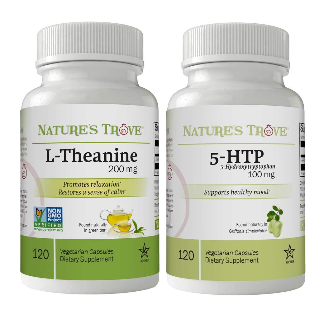 大自然的Trove L-Theanine 200mg 120 蔬菜卡普尔 & 5-HTP 100mg 120 蔬菜卡普尔 - 平静与健康 Mood Stack