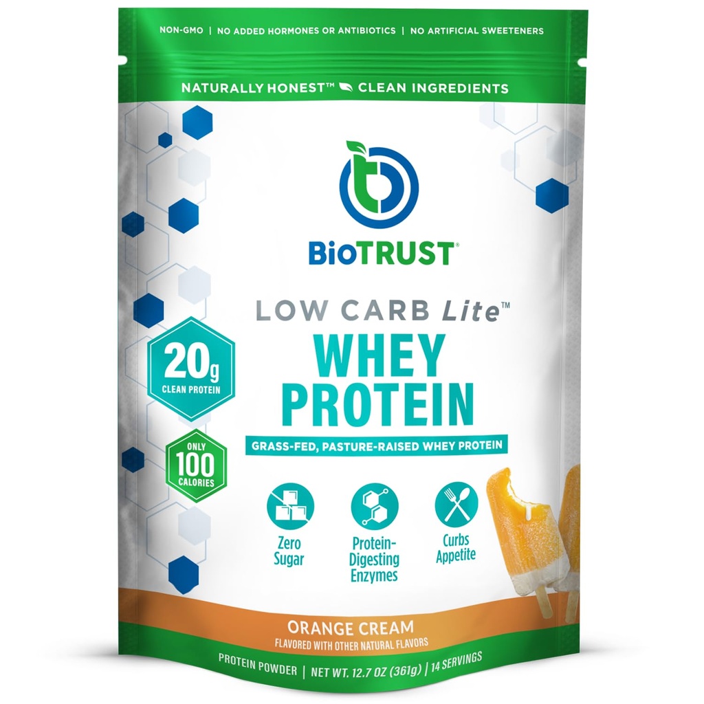 BioTrust Low Carb Lite, 20 grams of Grass-Fed Whey 蛋白质异聚物, 100 Calories, ProHydrolase 消化酶, 非GMO, Free from Soy and Gluten, rBGH- Free (14 services) (橙色Cream).