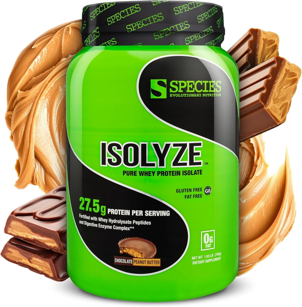 物种营养Isolyze Whey蛋白粉,100%Whey 隔绝剂用于肌肉建筑,27.5g 蛋白质Per Scoop,无糖和低脂肪(焦炭花生酱,22种服务)
