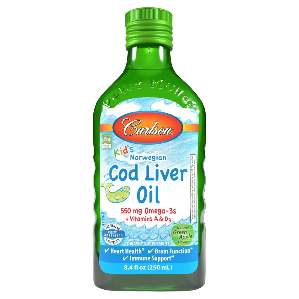 Carlson - Kid's Cod Liver Oil, 550 mg Omega-3s, Plus Vitamins A和D3, Liquid Fish Oil, Wild Caught 挪威北极鳕鱼, 可持续来源的北欧鱼类 Oil, Green Apple, 250 mL (8.4 Fl Oz)