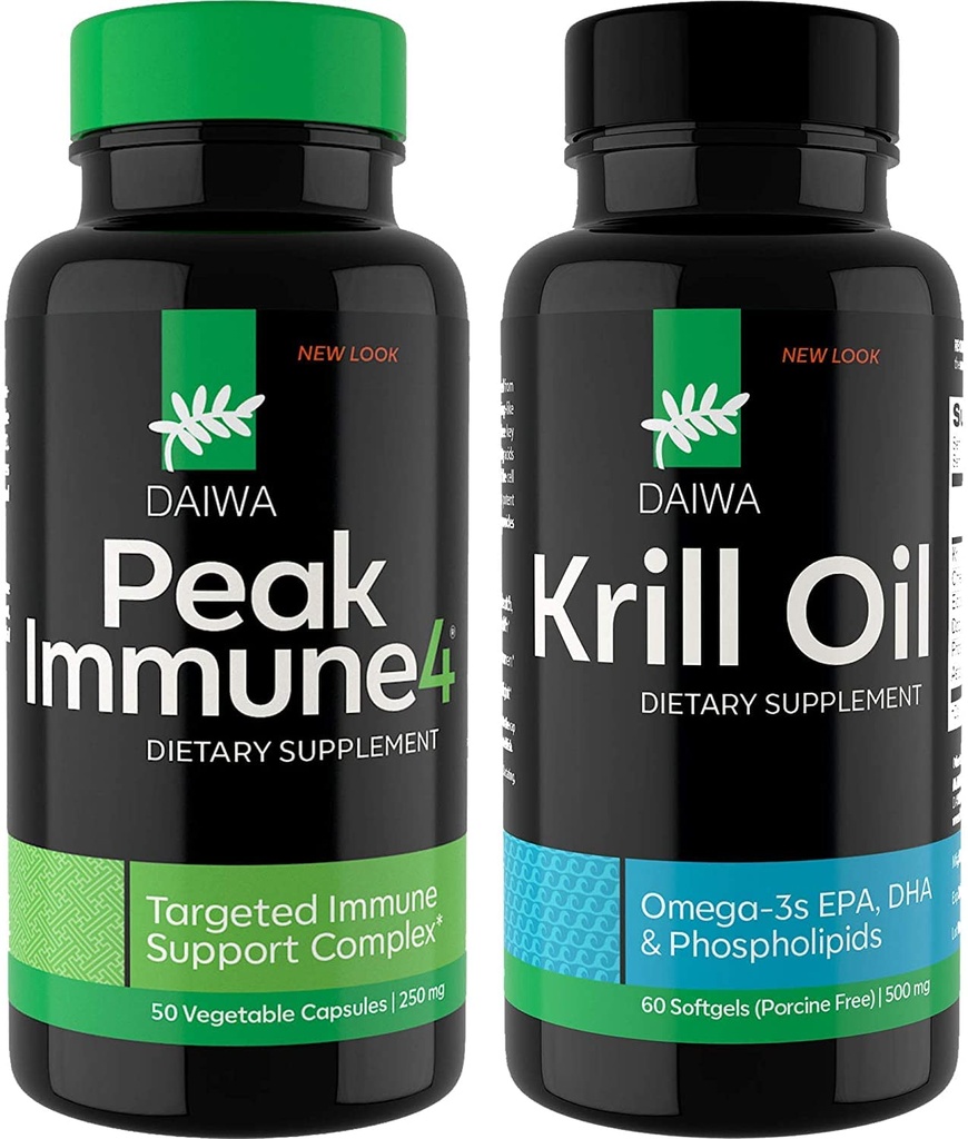 Daiwa Peak Immune 4 - 天然Immune系统助推器 + Daiwa Krill Oil – Omega 3 Krill Oil Capsules (英语).