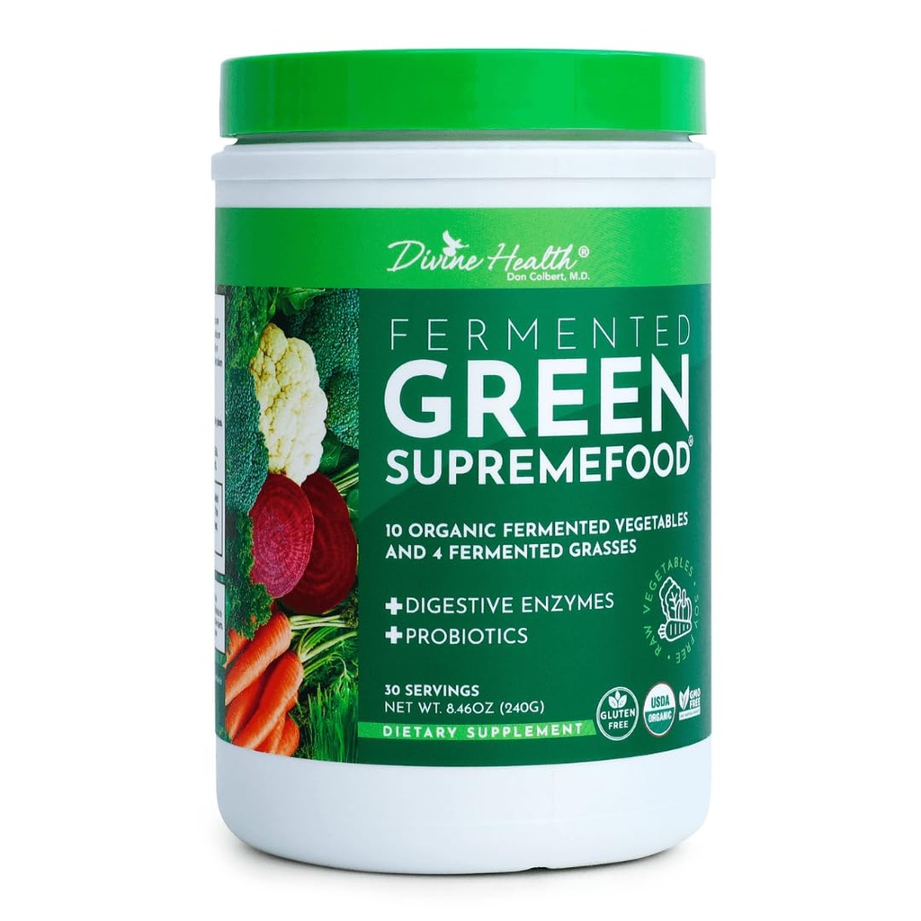Divine Health Freed Green Supremefood ~ 14 USDA 有机和发酵的蔬菜和草 → Probiotics → 酶 ・ 苹果肉桂 Flavor → 30 services → 240g