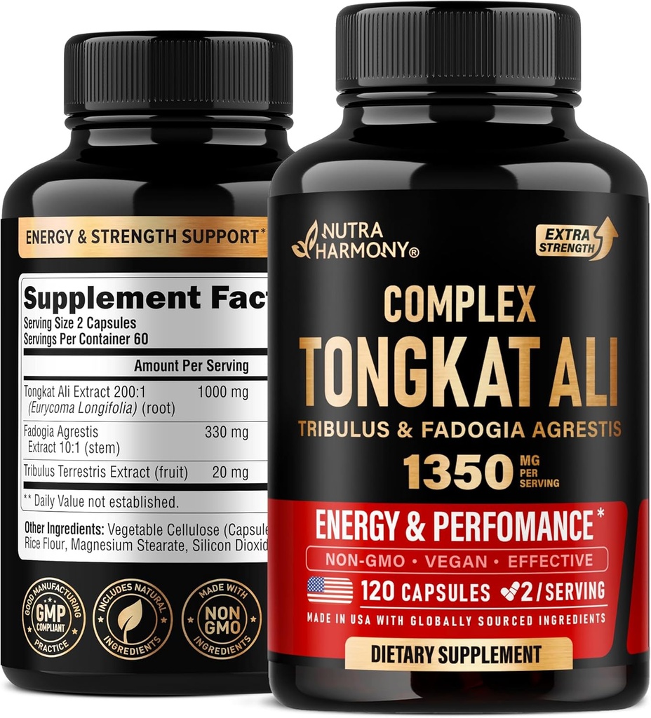 Tongkat Ali Men 1350mg Complex - Fadogia Agrestis – Tribulus Terrestris - 能源、力量和性能支持 - 额外力量 200:1 摘录 - 第三方测试,在美国制造 - 120 Capsules / 2个月