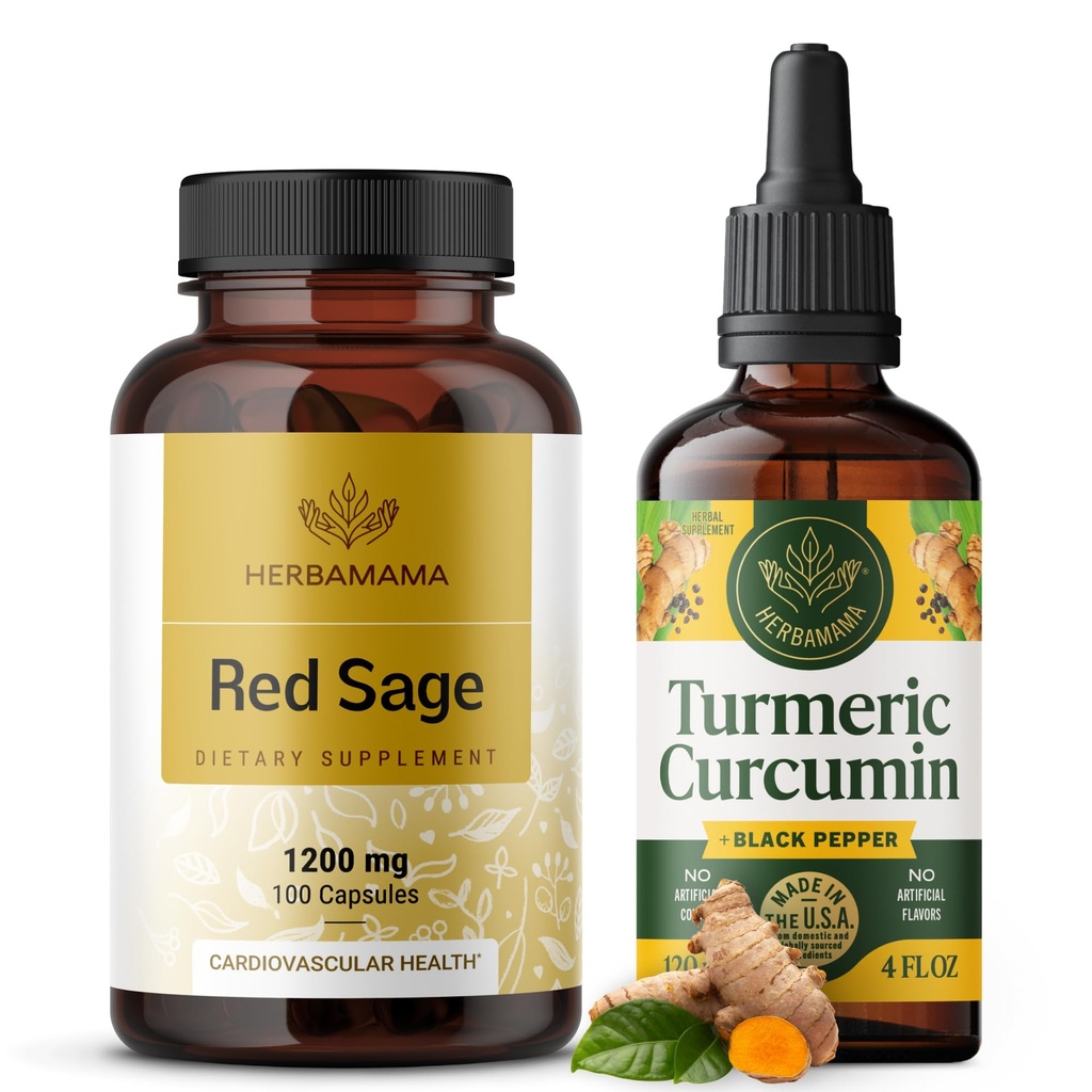 HERBAMAMA 红色圣物和图尔克基(Red Sage and Turmeric Kit) - 1200 mg 红色圣物丹 沈 Capsules & Turmeric Curcumin Drops 2 fl oz - Vegan,非GMO,糖和无酒精 - 2 Pack