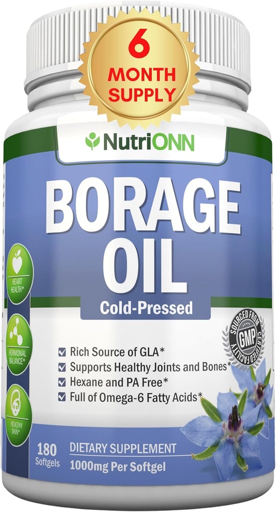 Borage Oil - 1000 mg - 180 Softgels - 冷压高GLA Borage种子油 - 六烷和PA Free - 对皮肤,毛发和骨骼都有好处.