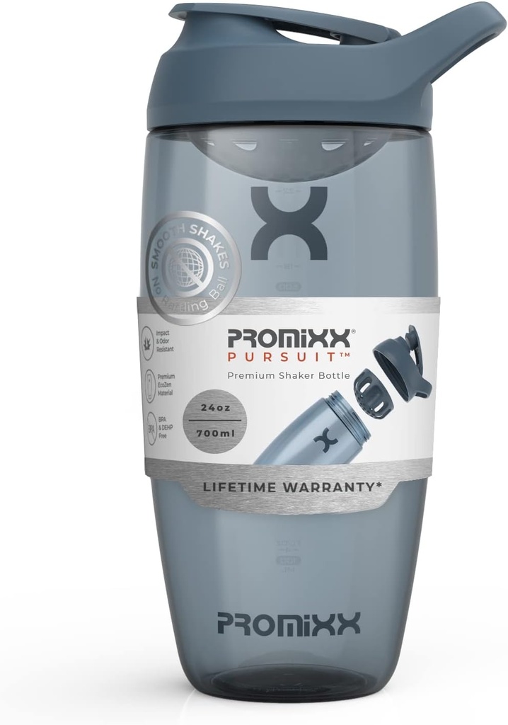 Promix 追逐蛋白质摇摆瓶(24 oz) – 寂静无声的无篮混音器,Leak-Proof Lid,BPA/BPS & Phthate-Free ECOZEN – 蛋白质摇摆,前和后工作滑动的易清摇摆杯