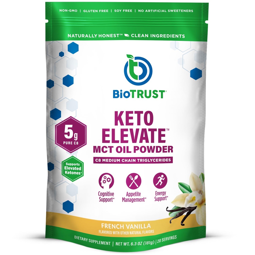 BioTrust Keto Elevate – C8 MCT 油粉 – Ketogenic MCT 咖啡奶油 – Keto Coffee Creamer – 清洁能源,精神焦点,明亮度 – 100% Caprylic Acid MCT 粉, Non-GMO(法語:Vanilla, 20 services)
