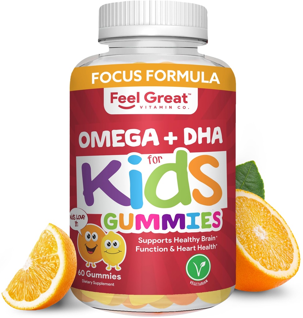 Feel Great Vitamin Co. Feel DHA Gummys for Kids 与Omega 3 6 9 + DHA,Vitamin C + 支持健康脑功能,视觉和心脏健康 → Gluten Free, Vegetarian → 60 Gummys.