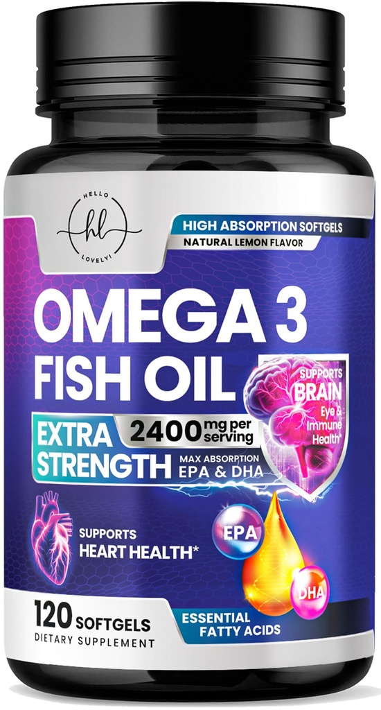 Omega 3 鱼油补充剂 2400mg - 三重力量 Omega 3 脂肪酸,自然心脏健康脑与联合支持 - 脂肪酸与EPA & DHA - 野生抓鱼油补充剂 - 120 软胶