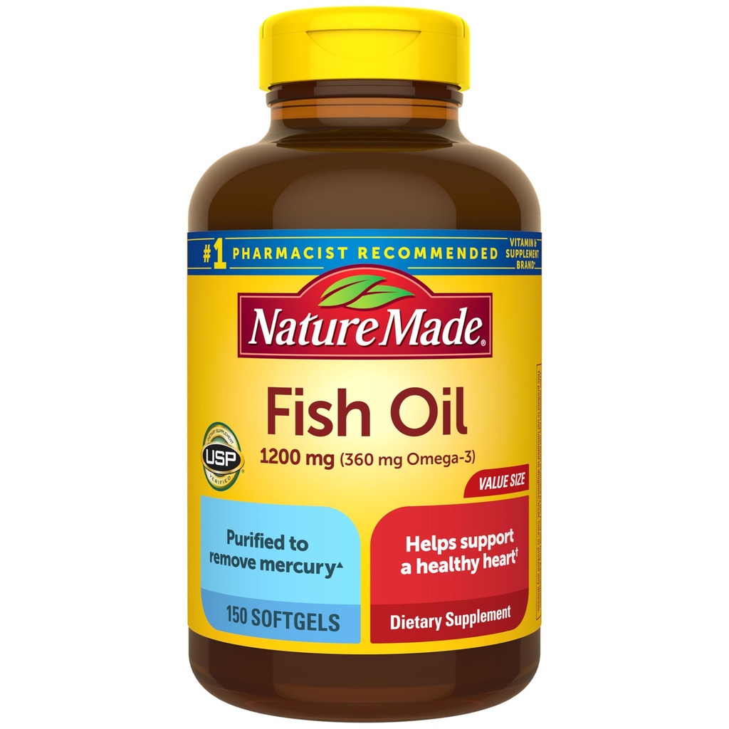 Nature Made鱼油 Omega 3 补充品, 1200 mg软胶, Omega 3 鱼油用于健康心脏支持, 150 软胶, 75 日供应
