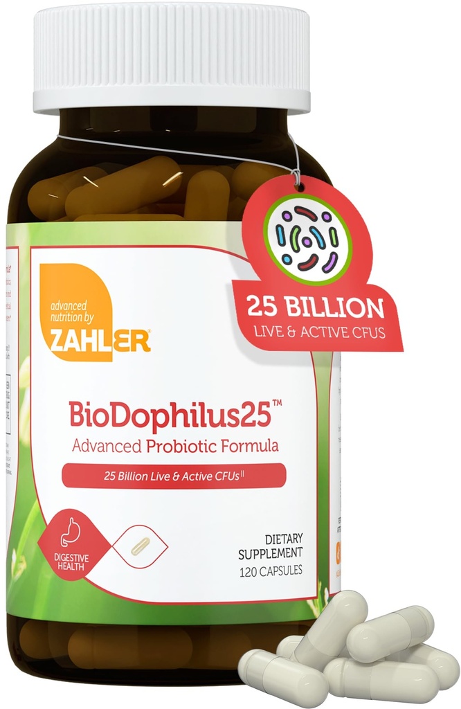 Zahler BioDophilus25, 25亿CFU Probiotic + Prebiotic - 11 Strains Daily Probiotic Supplement - 科舍尔 Probiotics for Women for Institutive Health, 男子 Probiotics for Gut Health (120 Capsules) 互联网档案馆的存檔,存档日期2014-03-02.