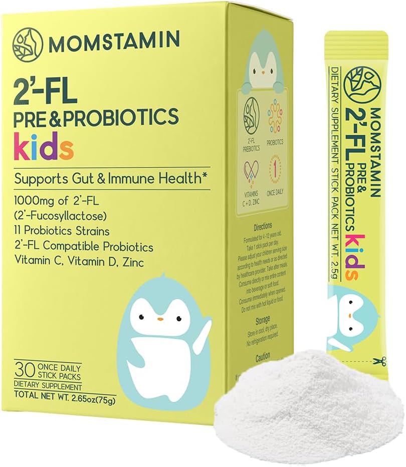 MOMSTAMIN 2'-FL HMO Prebiotics & Probiotics for Kids, 1000mg 人类牛奶 Oligosaccharide 2'-FL 粉, 专利 11 Strains, 健康古特微生物群, Imune 和 消化补充, IBS 救济 - 30 棒