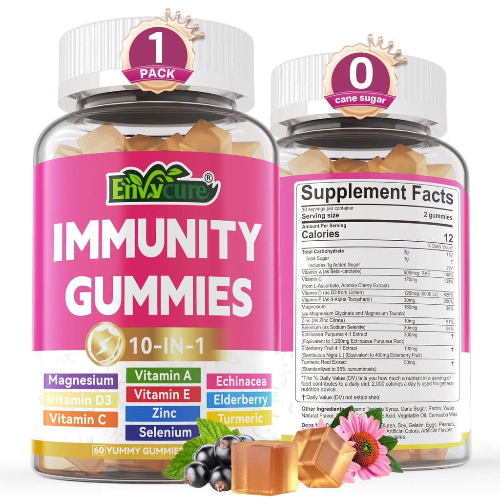 10 in 1 Immune Support Suppless Gummys, w/Echinacea, 长老莓维生素C和锌,硒,维生素D3 5000IU, 镁, Daily Immune Boster 多维特敏,用于抗氧化剂骨能源, 1 Pack