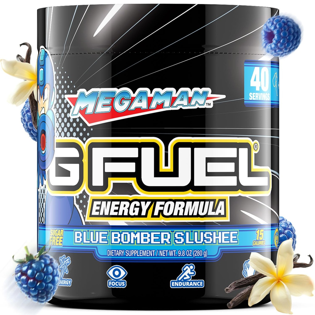 G Fuel Megaman Energy Drinking Powder,预研咖啡因混合剂用于赌博,无糖聚焦氨基,维生素+抗氧化剂,9.9oz(蓝色Slushee,40种服务)