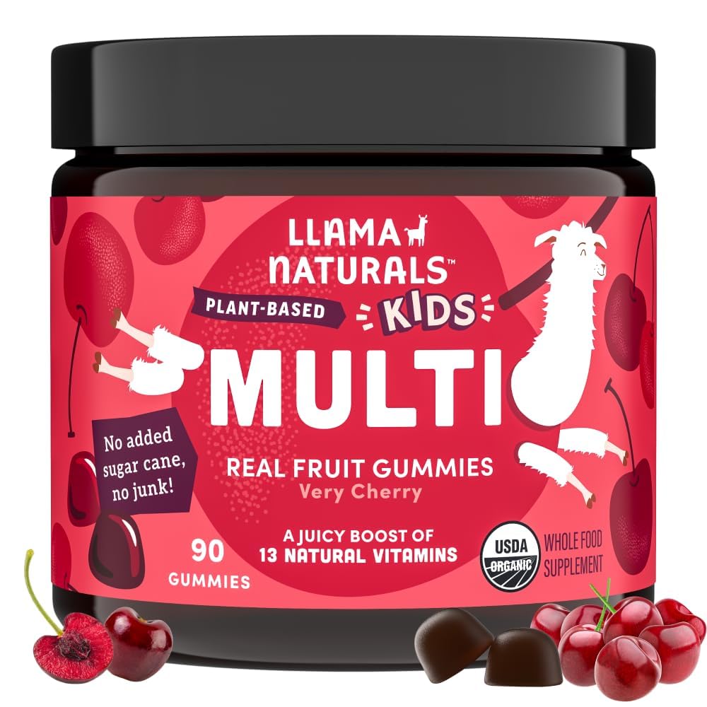 Llama Naturals Kids Multivitamin Gummys, Vegan, 有机与维生素D, C & K, 托德勒 Real Fruit Gummy Vitamins, Chewable Supplement, 全食品多维特敏, 无添加糖蔗, Cherry, 90 Ct