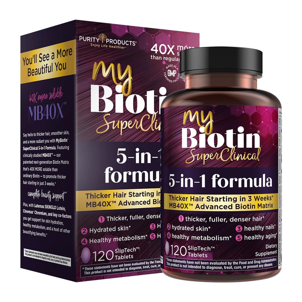 纯度产品 MyBiotin SuperClinic 新5-in-1 Elite Multivitamin + MB40X Biotin Matrix Daily Multi - Thicker Hair 开始于3周 - 40X More Soluble vs 普通毛皮钉 - 120 Tabs