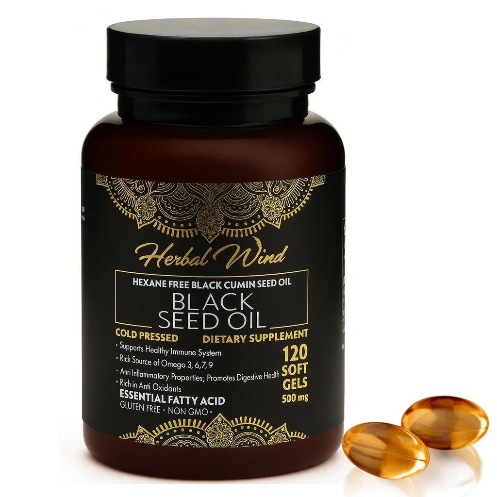 黑籽油盖 - 冷压120软胶500mg,Premium Quality Nigella Sativa 1100%纯黑胶种子油 - 非GMO(120计数 - 包装1塑料瓶)