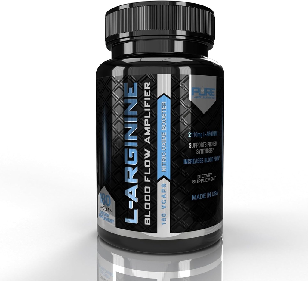 纯标签营养 L Arginine Capsules, Nitric Oxide Boster, 男女氨酸补充剂, 帮助构建肌肉和力量与助力, 血液流动支持 - 180帽