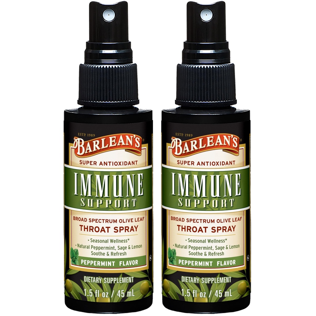 Barlean的2 Pack 橄榄叶复合咽喉喷洒 配有辣椒薄荷 柠檬 和用于节食喉部救济的圣物,Immune支持补充品,液体混合抽取,1.5 oz