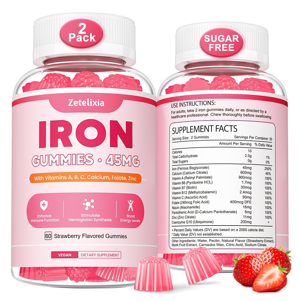 Vegan 2 Pack Iron Supplement Gummys for Women & Men, Anemia, Blood Builder and Energy Support for Iron Defency, 维生素C, A, B Complex, Folate, CoQ10, 无糖, 非GMO, 120 Counter (英语).