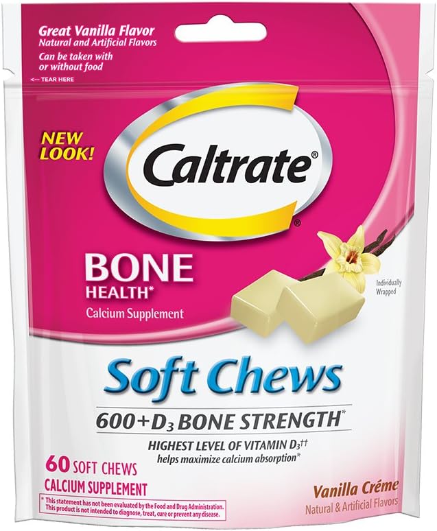 Caltrat 600+D3,钙和维生素D3 Supplement Soft Chews, 600mg (Vanilla Crème Flavor, 60 Counter) (英语).