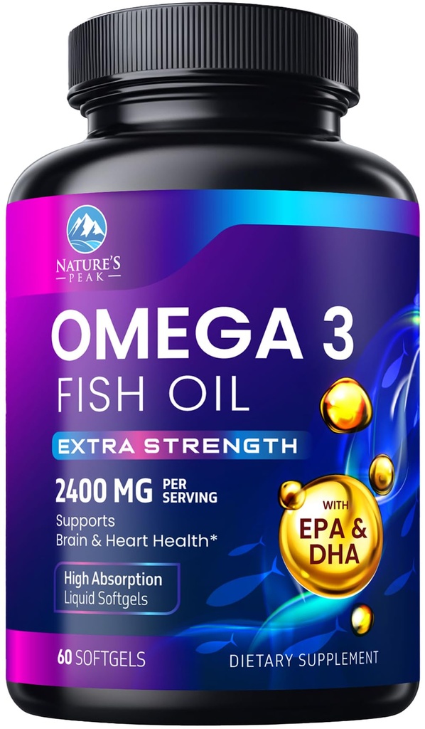 Omega 3 鱼油 2400 mg 补充剂,可持续来源,三强Omega-3 补充剂软胶,脑健康支持,EPA & DHA 鱼油脂肪酸补充剂,Gluten & GMO Free,60 Softgel