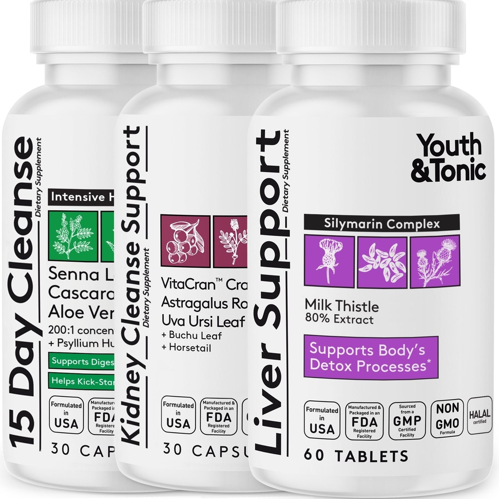 青年与Tonic 3X 身体清洁和戒毒药丸,供有肝脏、肾脏、科隆支持健康功能和失去不受欢迎的缺陷和冶金废物的妇女和男子使用。 120 顶盖