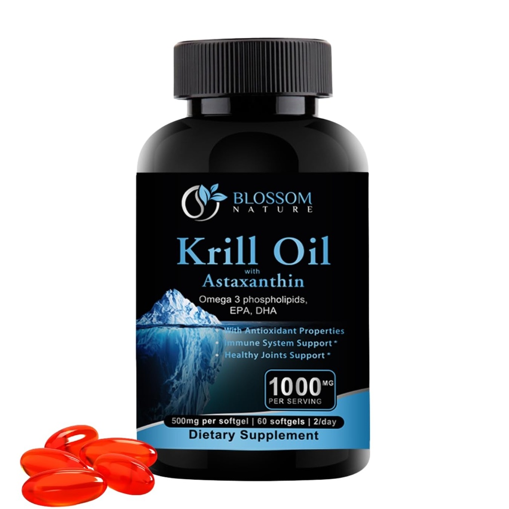南极克里尔油1000mg软胶与Astraxanthin – Omega-3 EPA & DHA 以磷脂形式补充心脏,大脑和联合健康- 60 香草味软胶