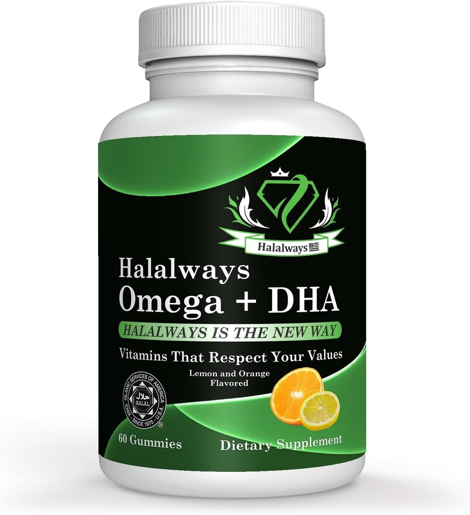 Halalways Omega + DHA Gummys - 三强Omega 3 鱼油 Gummy Vitamins with DHA Fatty Acids, Natural's Heart Health, Orange & Lemon Flavor 认证的Halal 补充品