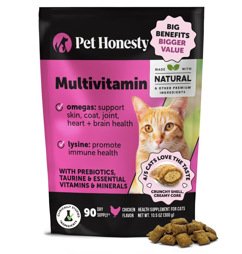 Cat 多维他明 Chews - Cat treats for Health + Immune, 联合支援, 皮肤和大衣, 和文摘 - Omega 3s, Lysine & Probiotics for Cats, 维生素 for Cats - Chicken(90日供应)