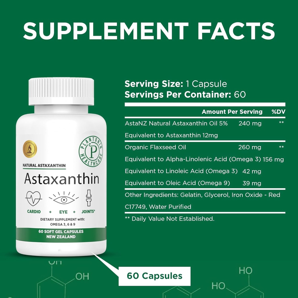 新西兰 - 来自微藻海马托科球菌的Astaxanthin 12mg Pluvialis - 60 Soft Gels - GMO & Gluten Free - 抗氧化剂 - 支持联合流动和后期运动恢复,皮肤和眼部健康