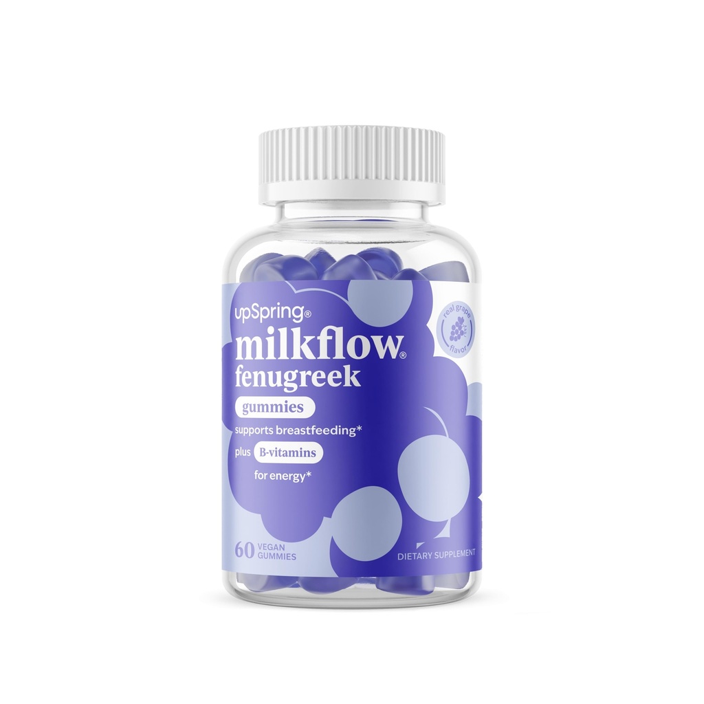 UpSpring Milkflow Fenugreek Gummies – Lactation Support for Breastfeeding Moms – Vegan, Grape Flavor, with Fenugreek, & B-Vitamins – 60 Gummies