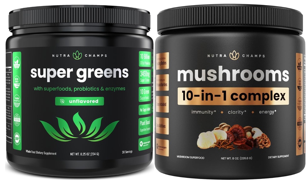 NutraChamps 超级绿地不喜爱和超级蘑菇:绝顶脑,Gut & Body Boost