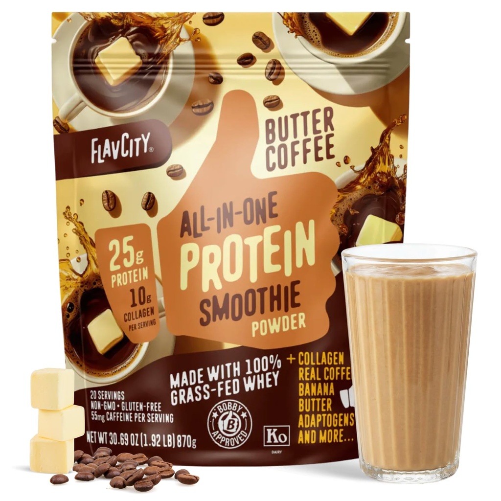 FlavCity All in One Protein Shake Powder, Butter Coffee - 55mg Caffeine + Collagen Peptides, Reishi & Cordyceps - Focus, Skin, Hair & Joint Support - 100% Grass Fed Whey, 20 Servings