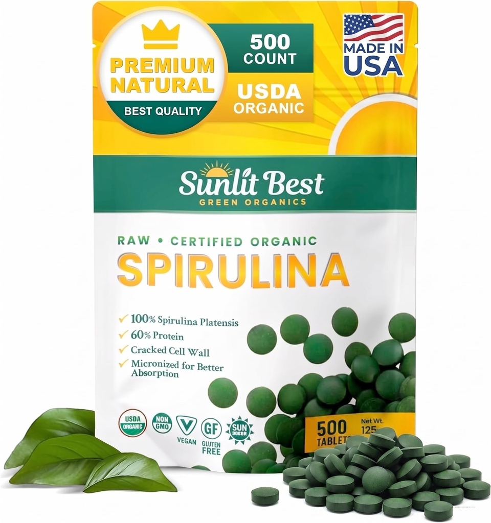 Sunlit Best Spirulina 板块 - 有机螺旋形板块 USDA Premium 500 Counts - 天然螺旋形有机囊 支持免疫性肌肉生长 能量促进 w/Chlorophyll - 高蛋白,非转基因生物