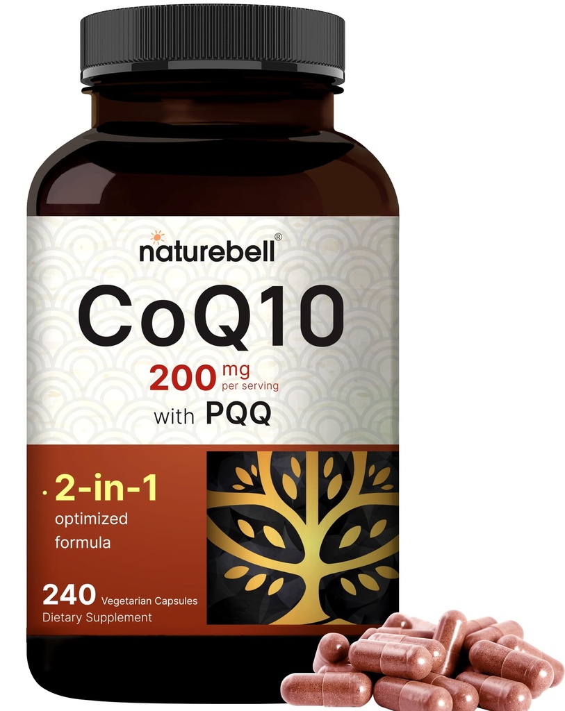 NatureBell CoQ10 200mg 与 PQQ, 240 Veggie Capsules QQ 稳定高吸收形式 – 抗氧化剂支持心脏, & 能量健康 – 额外强力 Coenzyme Q10 补充