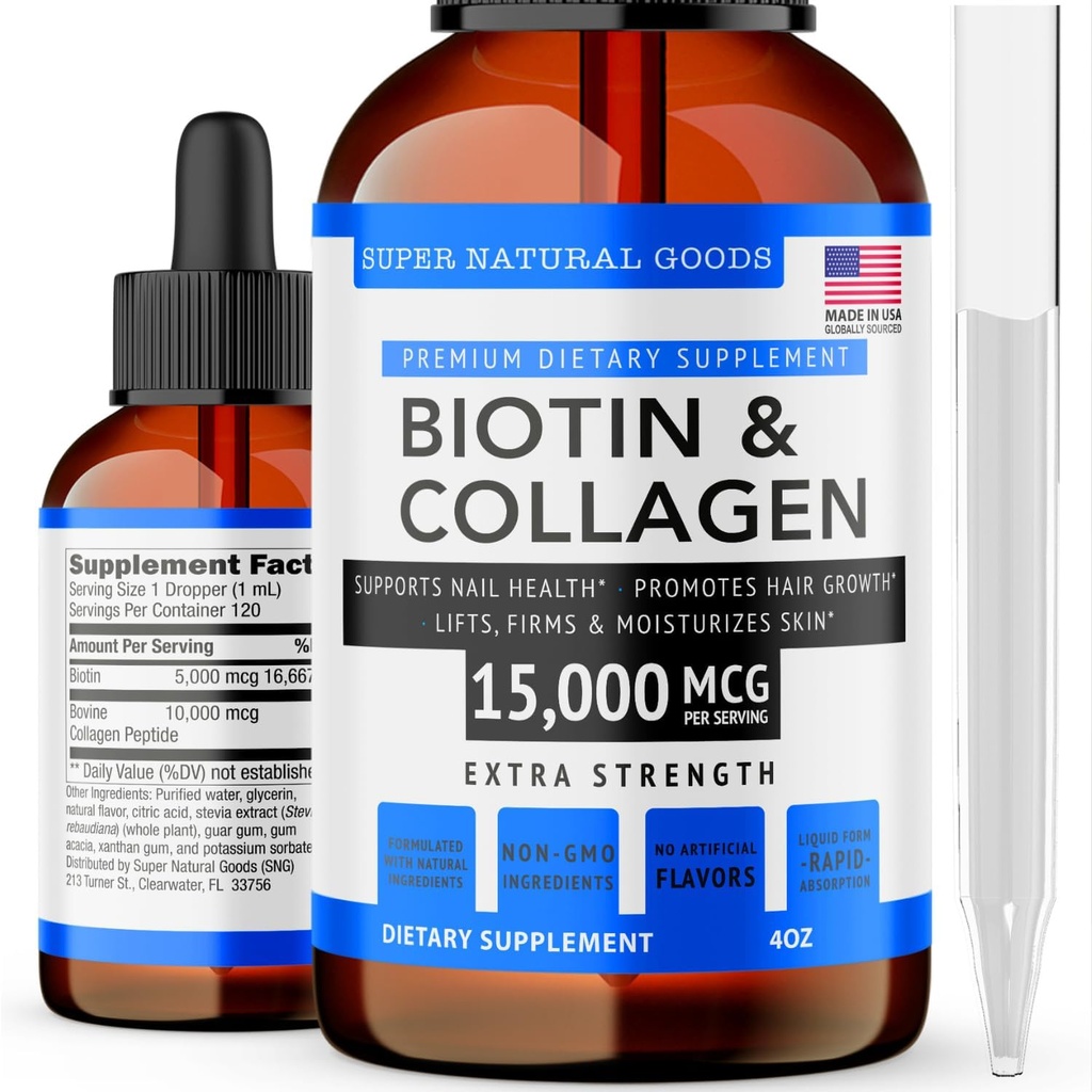 超级天然商品 Biotin & Collagen 维生素 - 发型损失、口腔健康、抗衰老、皮肤护理和钉子 - 在美国制造、非GMO和残忍无毒(4 Ounce-15 000mcg)