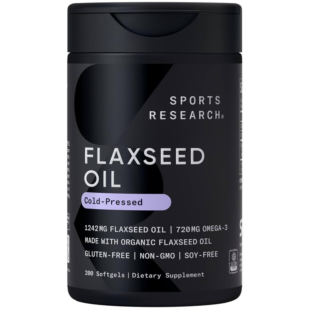体育研究 Flaxseed Oil Softgels 1242mg - 基于工厂的Omega 3 女性和男性补充 - 非GMO 验证,Soy & Gluten Free (200 Counter)