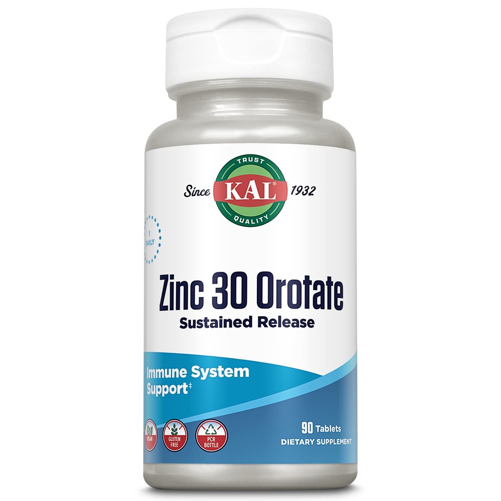 KAL 锌 Orotate 30mg, 持续释放, Chelated 锌片, Immune 支持补编, 蛋白质合成,代谢, 能源支持, Vegan, Gluten Free, 60天保证, 90 服务, 90 片