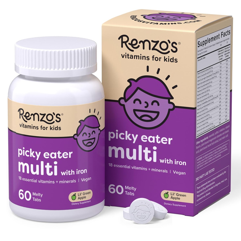 Renzo's Picky Eater Kids with Iron - 溶解的 Kids Vitamins with Iron, Zinc, Vitamin C, Vitamin D, E & K, Free-糖的融糖塔布, Green Apple Flavor, 60-Count(1–2个月供应)