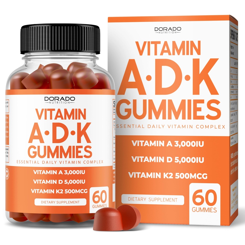 ADK Gummys 维生素 D3 K2(60 糖无胶) 维生素 D3 K2 1000iu/5000iu - 配有D & K的补编 - 10 Vegan 补编 - 美味的Raspberry Flavor - 非GMO & USA Made - 60 Counter