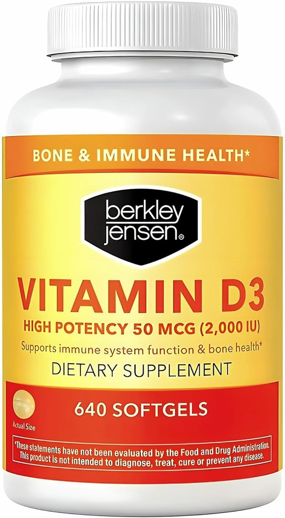 Berkley Jensen 高活性维生素D3 2000IU(50 mcg)(640 Softgels),《牙齿、肌肉、免疫功能和骨质健康饮食补充》,美国制造,640天供应。