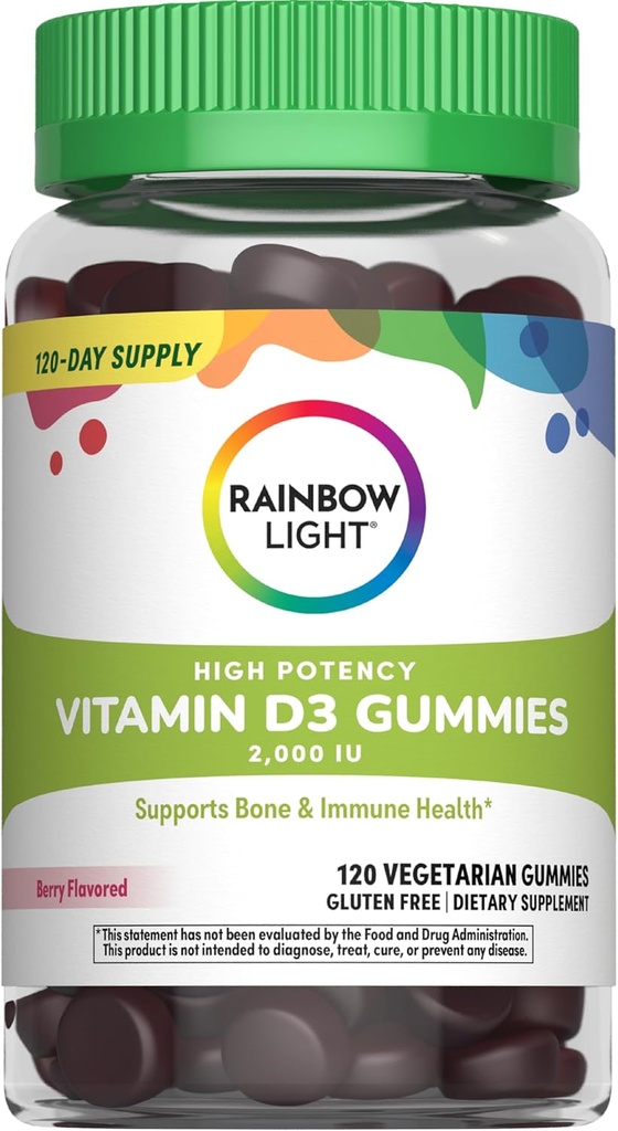 彩虹轻度维生素D Gummys,高发性维生素D3,2000IU 免疫健康支持,帮助支持强骨和牙齿,Gluten Free,Vegen,Berry,120 Gummys.