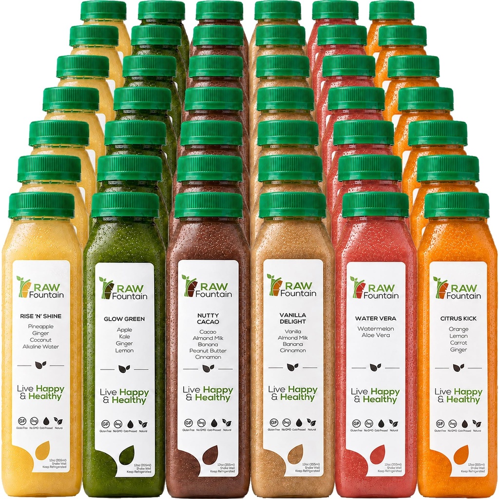 7日蛋白汁清洁 由Raw Foundain, All Natural Raw Detox cleanse, 冷压水果,蔬菜,香草和巧克力 Flavor, 味道和能量, 42瓶12oz, 3个姜芽