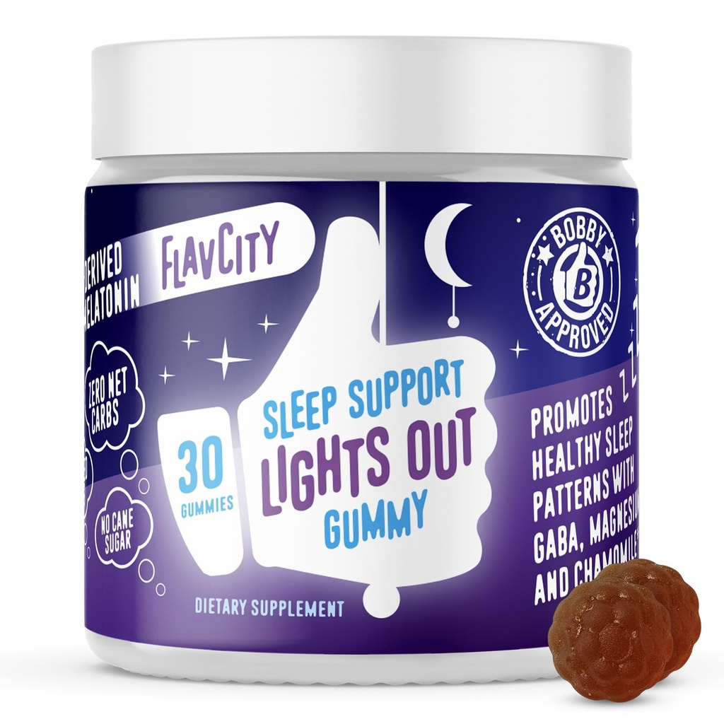 FlavCity Melatonin 成人睡眠Gummys, Lights Out Gummy - 配有基于植物的GABA, Magnesium & Chamomile 深眠和休息时间的可嚼睡眠支持补编,30天供应