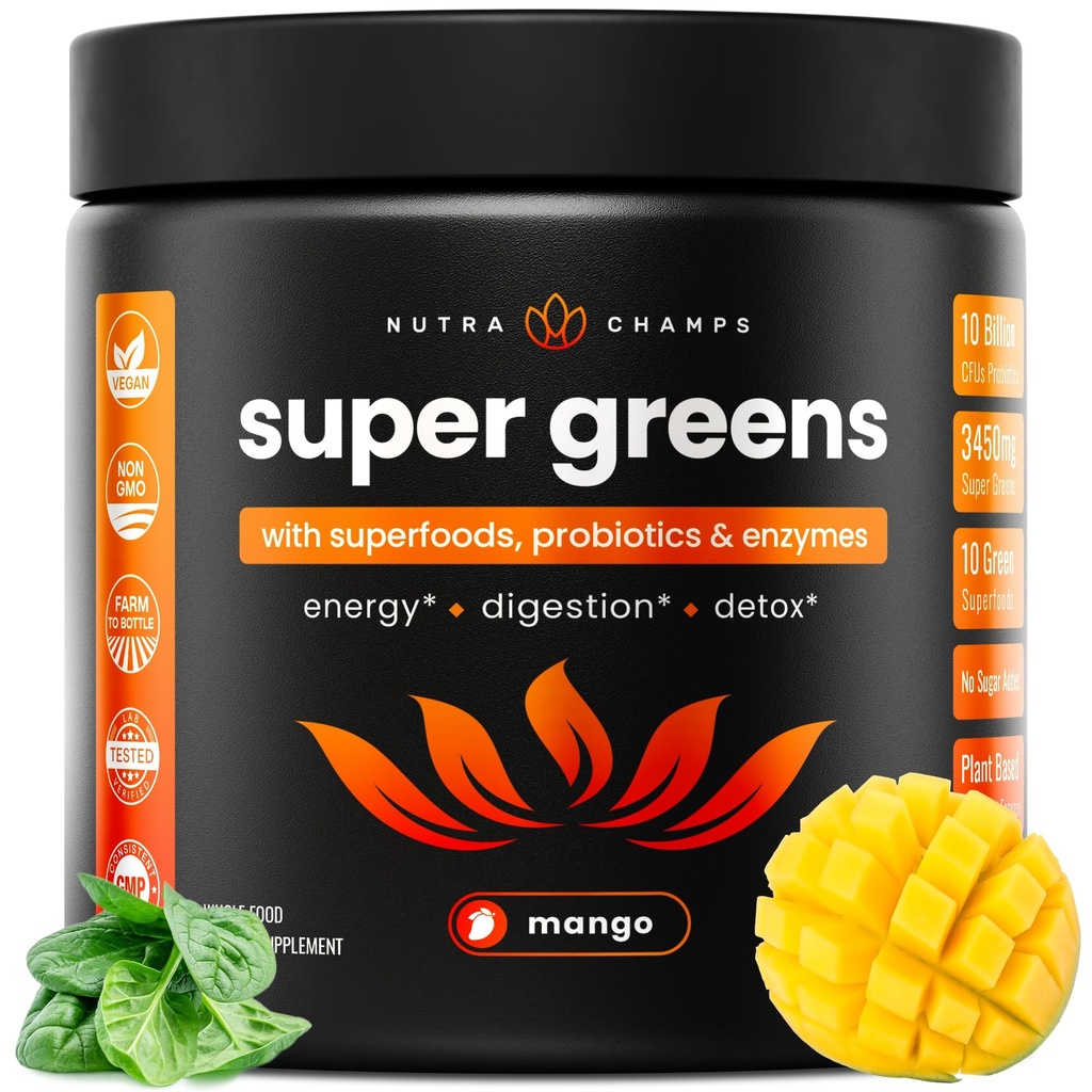 NutraChamps 超级绿色粉末 超级食品 20+ 有机绿色蔬菜 整食品 小麦草 螺旋藻 氯亚基 抗氧化剂 消化酶 和 Probiotic Blends(9.0 OZ,芒果)