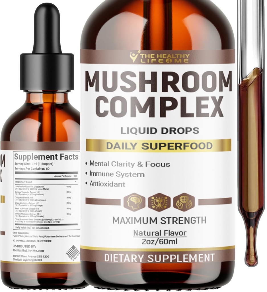 THE HEALTHY LIFE 4 ME Liquid Mushroom Complex | Herbal Liquid Drops| Mushroom Supplement | Lion's Mane, Reishi, Shiitake, Chaga, Cordyceps, Coriolus Versicolor | NonGMO 2oz - 60 Day Supply